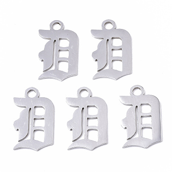 201 Stainless Steel Pendants, Laser Cut, Old English, Alphabet, Stainless Steel Color, Letter.D, 17.5x10.5x1mm, Hole: 2mm