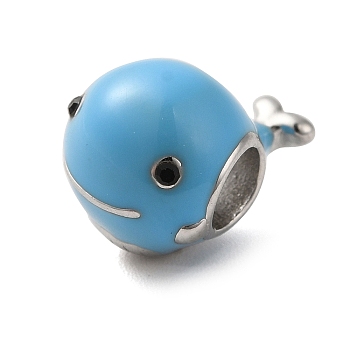 304 Stainless Steel Enamel European Beads, with Rhinestone, Large Hole Beads, Dolphin, Stainless Steel Color, 14x10.5x10.5mm, Hole: 4.5mm