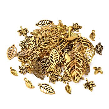 Tibetan Style Alloy Pendants, Assorted Leaf, Antique Golden, 12.5~78x6~51x1~5.5mm, Hole: 1.5~6x3.5mm