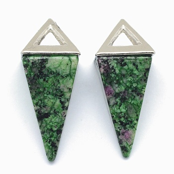 Natural Ruby in Zoisite Pendants, with Alloy Findings, Triangle, Platinum, 34x14x14.5mm, Hole: 4x6mm