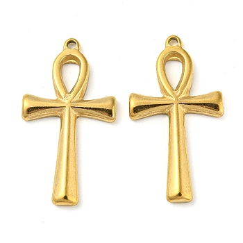 Ion Plating(IP) 304 Stainless Steel Pendants, Cross Charm, Real 18K Gold Plated, 30x16.5x2.5mm, Hole: 1.4mm