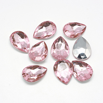 Acrylic Rhinestone Pointed Back Cabochons, Faceted, Bottom Silver Plated, teardrop, Pink, 18x13x4.5~4.8mm