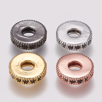 Brass Micro Pave Cubic Zirconia Bead Spacers, Flat Round, Black, Mixed Color, 8x2mm, Hole: 3mm