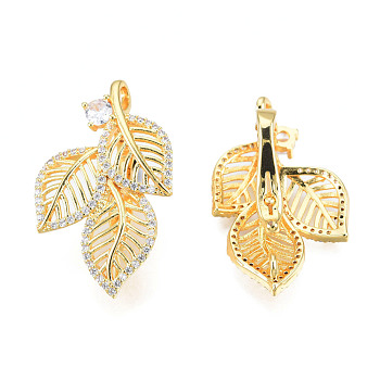 Brass Micro Pave Clear Cubic Zirconia Twister Clasps, Nickel Free, Leaf, Real 18K Gold Plated, 29.5x18.5x11mm, Hole: 1.6mm