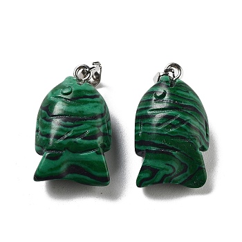 Synthetic Malachite Dyed Pendants, Fish Charms with Platinum Plated Metal Snap on Bails, 24.5x14.5x8mm, Hole: 3.5x6mm