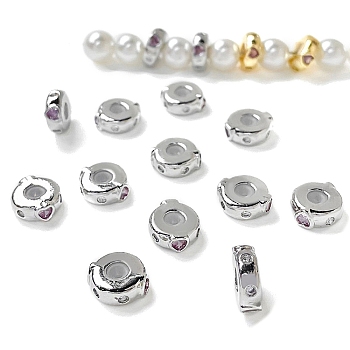 Valentine's Day Brass Micro Pave Clear Cubic Zirconia Beads, Heart, Platinum, 10.5x10x4mm, Hole: 1.6mm