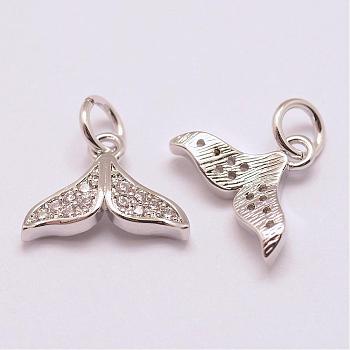 Brass Micro Pave Grade AAA Cubic Zirconia Charms, Long-Lasting Plated, Whale Tail, Cadmium Free & Nickel Free & Lead Free, Real Platinum Plated, 9x12.5x3mm, Hole: 3mm