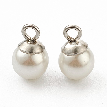 304 Stainless Steel Charms, with White Plastic Imitation Pearl Beads, Stainless Steel Color, 9x6mm, Hole: 1.5mm