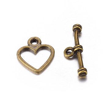 Tibetan Style Toggle Clasps, Lead Free, Cadmium Free and Nickel Free, Antique Bronze, Heart: 14x12mm, Bar: 19mm, Hole: 1.5mm