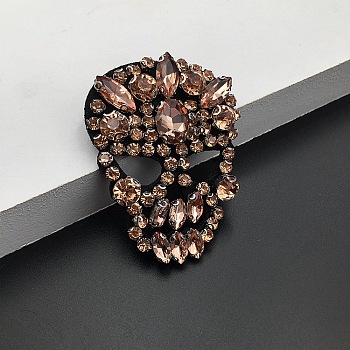 Halloween Skull Rhinestone Appliques, Ornament Accessories, Smoked Topaz, 65x50mm