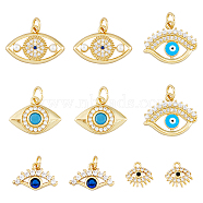 10Pcs 5 Style Eye Brass Micro Pave Cubic Zirconia Charms, with Jump Rings, Cadmium Free & Nickel Free & Lead Free, Eye Charm, Real 18K Gold Plated, 7~14x8~19.5x2~3mm, Hole: 1~4mm, 2pcs/style(KK-DC0003-49)