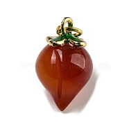 Natural Agate(Dyed & Heated) Pendants, Fruits Charms with Golden Plated Metal Leaf, Peach, 17x10.5mm, Hole: 3.4mm(G-R436-01E)