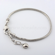 Brass European Style Bracelets For Jewelry Making, with Lobster Claw Clasp and Heart Charms, Platinum, 200x3mm(X-KK-R031-06)