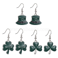3 Pair 3 Style Saint Patrick's Day Alloy Enamel Dangle Earrings with Brass Pins for Women, Hat & Clover Earrings, Dark Green, 38~40mm, 1 Pair/style(EJEW-JE05347)