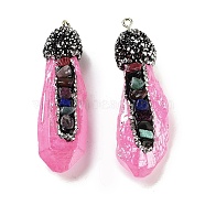 Electroplated Raw Rough Natural Quartz Crystal Big Pendants, Spray Painted Chakra Nuggets Charms with Iron Rhinestone Findings, Pearl Pink, 48~66.5x18~19x12~16mm, Hole: 2mm(G-B077-04A-02)