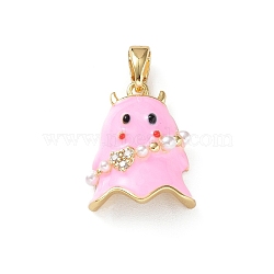 Rack Plating Brass Enamel Pendants, with Plastic Pearls and Cubic Zirconia, Golden, Ghost Charm, Pearl Pink, 17.5x13x6mm, Hole: 5×3mm(KK-D060-01G-02)