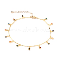 Brass Enamel Flat Round Charm Anklets, with Brass Bar Link Chains and 304 Stainless Steel Lobster Claw Clasps, Colorful, Golden, 10 inch(25.5cm)(AJEW-AN00344-03)