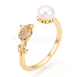 Natural Pearl Open Cuff  Ring Micro Pave Clear Cubic Zirconia, Brass Finger Rings, Tulip, Real 18K Gold Plated, US Size 9 3/4(19.5mm)(PEAR-N022-C07)