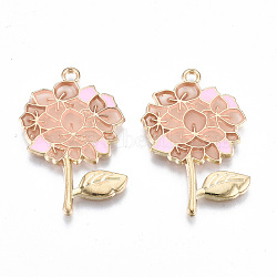 Transparent Epoxy Resin Pendants, with Eco-Friendly Alloy Findings and Enamel, Cadmium Free & Lead Free & Nickel Free, Flower, Pink, 33x22x1.5mm, Hole: 1.8mm(X-ENAM-Q437-059C-NR)