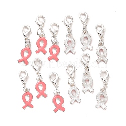 October Breast Cancer Pink Awareness Ribbon Alloy Enamel Pendants, with and  Lobster Claw Clasps, Silver Color Plated, Size: about 28mm long, hole: 3mm, tie: 7.5mm wide, 15mm long, 2mm thick.(ENAM-H049-1)