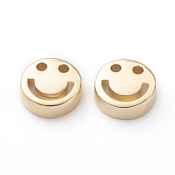 Brass Beads, Long-Lasting Plated, Flat Round with Smiling Face, Real 18K Gold Plated, 11x4mm, Hole: 1.8mm(X-KK-Z011-04G)