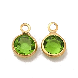 Ion Plating(IP) 304 Stainless Steel with Glass Charms, Real 18K Gold Plated, Faceted Flat Round, Yellow Green, 9.5x6.5x2mm, Hole: 1.5mm(STAS-G305-11G-07)