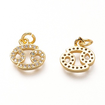 Brass Micro Pave Clear Cubic Zirconia Pendants, Real 18K Gold Plated, with Jump Rings, 12 Constellations, Cadmium Free & Lead Free, Cancer, 10.5x10x2mm, Hole: 2mm