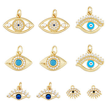10Pcs 5 Style Eye Brass Micro Pave Cubic Zirconia Charms, with Jump Rings, Cadmium Free & Nickel Free & Lead Free, Eye Charm, Real 18K Gold Plated, 7~14x8~19.5x2~3mm, Hole: 1~4mm, 2pcs/style