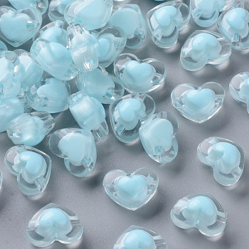 Transparent Acrylic Beads, Bead in Bead, Heart, Light Blue, 13x17x9.5mm, Hole: 2.5mm, about 420pcs/500g