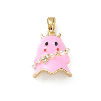 Rack Plating Brass Enamel Pendants, with Plastic Pearls and Cubic Zirconia, Golden, Ghost Charm, Pearl Pink, 17.5x13x6mm, Hole: 5×3mm