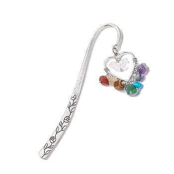 Chakra Gemstone Chip Beaded Tassel Heart Pendant Bookmark with Acrylic Butterfly, Flower Pattern Tibetan Style Alloy Hook Bookmarks, Colorful, 122x23x2mm