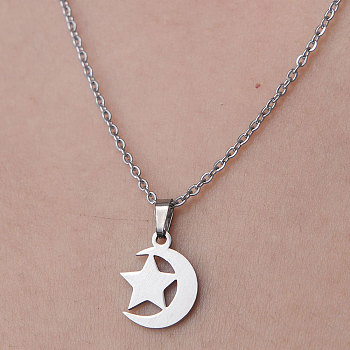 201 Stainless Steel Moon with Star Pendant Necklace, Stainless Steel Color, 17.72 inch(45cm)