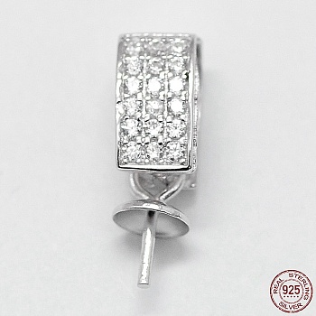 Rhodium Plated 925 Sterling Silver Pendant Bails, with Cubic Zirconia, for Half Drilled Beads, Platinum, 14.5x4mm, Hole: 3.5x6.5mm, Pin: 0.65mm