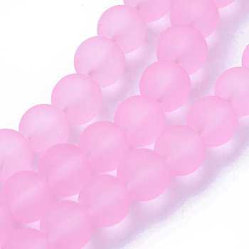 Transparent Glass Bead Strands, Frosted, Round, Pearl Pink, 10mm, Hole: 1.3~1.6mm, about 80pcs/strand, 31.4 inch