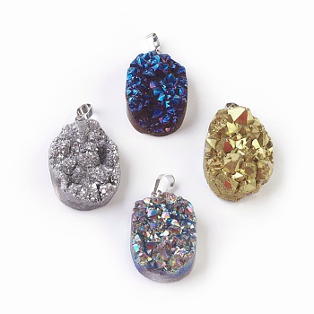 Electroplated Natural Druzy Quartz Crystal Pendants, with Brass Findings, Oval, Platinum, Mixed Color, 33~37x20~23x11~15mm, Hole: 8x5mm