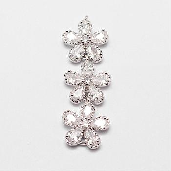 Brass Micro Pave Cubic Zirconia Links, Clear, Flower, Platinum, 42x14x5mm, Hole: 1.5mm