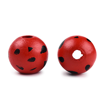 Spray Painted Wood Beads, Printed Beads, Round, Red, 15~16x14~15mm, Hole: 3~4mm