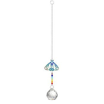 Metal Animal Hanging Ornaments, Teardrop & Rainbow Color Glass Suncatchers for Home Outdoor Decoration, Insects, 345x65mm