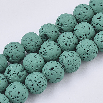Spray Painted Natural Lava Rock Beads Strands, Round, Dark Cyan, 8~9mm, Hole: 0.7mm, about 47~48pcs/Strand, 15.75 inch(40cm)