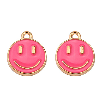 Alloy Enamel Charms, Cadmium Free & Lead Free, Smiling Face, Light Gold, Hot Pink, 14.5x12x1.5mm, Hole: 1.5mm