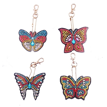 DIY Butterfly Keychain Diamond Painting Kits, including Acrylic Board, Alloy Clasps, Resin Rhinestones, Diamond Sticky Pen, Tray Plate & Glue Clay, Colorful, Butterfly: 60~70x50~60mm, 4pcs/set