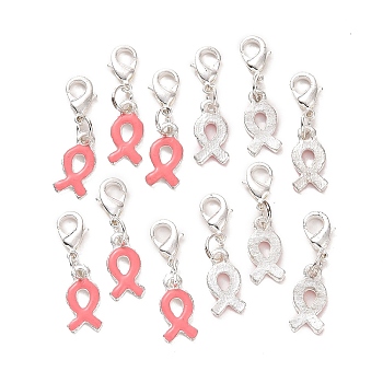 October Breast Cancer Pink Awareness Ribbon Alloy Enamel Pendants, with and  Lobster Claw Clasps, Silver Color Plated, Size: about 28mm long, hole: 3mm, tie: 7.5mm wide, 15mm long, 2mm thick.
