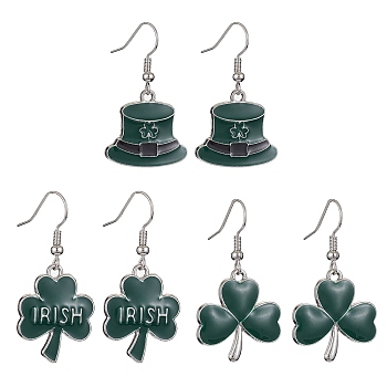3 Pair 3 Style Saint Patrick's Day Alloy Enamel Dangle Earrings with Brass Pins for Women, Hat & Clover Earrings, Dark Green, 38~40mm, 1 Pair/style