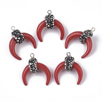 Resin Pendants, with Alloy Loop and Polymer Clay Rhinestone, Crescent/Double Horn, Platinum, FireBrick, PP13(1.9~2mm), 21~22x18.5x8.5~10.5mm, Hole: 1.4~1.6mm