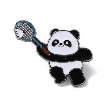 Sports Theme Panda Enamel Pins, Gunmetal Alloy Brooch for Backpack Clothes, Badminton, 31x30mm