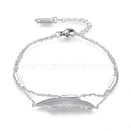 304 Stainless Steel Multi-strand Bracelets, with Cable Chains and Lobster Claw Clasps, Feather, Stainless Steel Color, 6-7/8 inch(17.5cm)(BJEW-K219-10P)