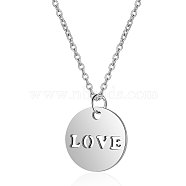 201 Stainless Steel Pendants Necklaces, with Cable Chains, Flat Round with Word LOVE, Stainless Steel Color, 16.3 inch(40cm), 1mm(NJEW-S069-TN052-1)