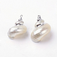 Electroplate Spiral Shell Pendants, with Iron Findings, Platinum, Conch, 24~31x18~24x15~16mm, Hole: 2mm(X-BSHE-L036-02)