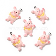 Opaque Resin Pendants, with Platinum Tone Iron Loops, Pig with Yellow Scarf, Pink, 28.5x18x5mm, Hole: 2mm(RESI-D055-070P)