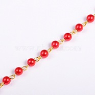 Handmade Round Glass Pearl Beads Chains for Necklaces Bracelets Making, with Golden Iron Eye Pin, Unwelded, Red, 39.3 inch, Bead: 6mm(AJEW-JB00036-05)